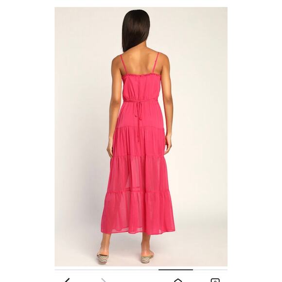 Lulu's NWT Set On You Hot Pink Lurex Tiered Midi Dress Size S - Picture 2 of 10